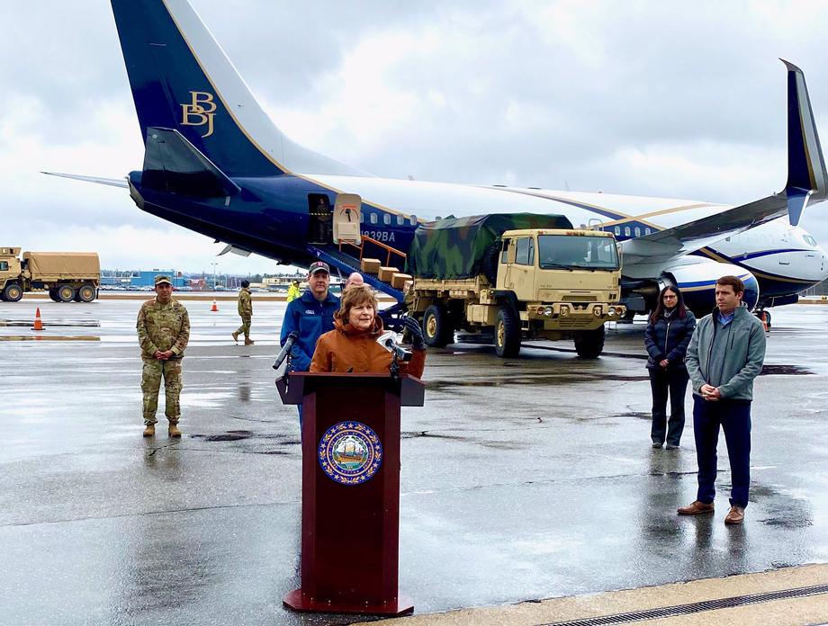 Shaheen delivers remarks at Manchester-Boston Regional Airport after a delivery of PPE